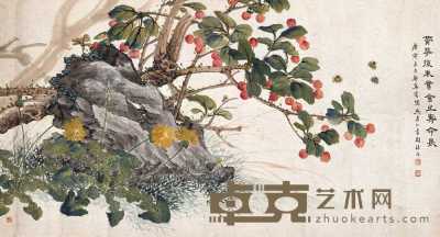 郑集宾 庚申（1920年）作 蜂花秋石图 片 49.5×92cm